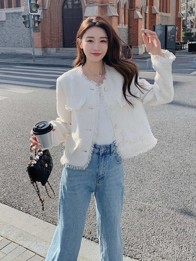 Fringe No-Collar Tweed Jacket QAZ0040