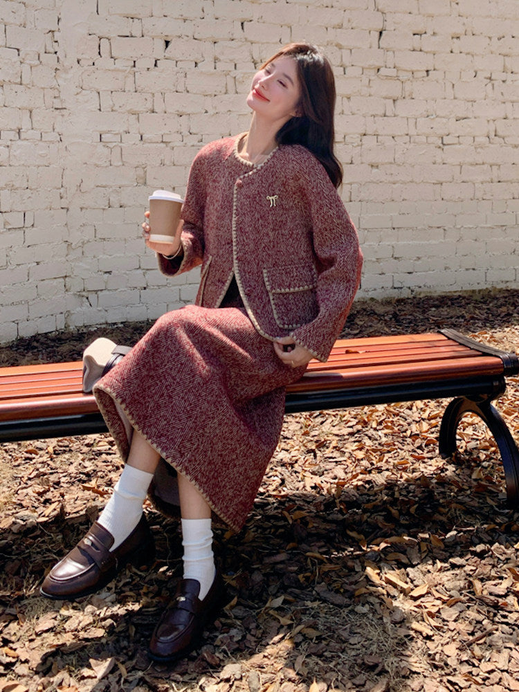Red Wool Tweed Jacket / Long Skirt QAZ0046