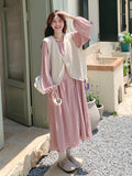 Puff Sleeve Long Dress / Beige Vest QAZ0025