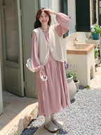 Puff Sleeve Long Dress / Beige Vest QAZ0025