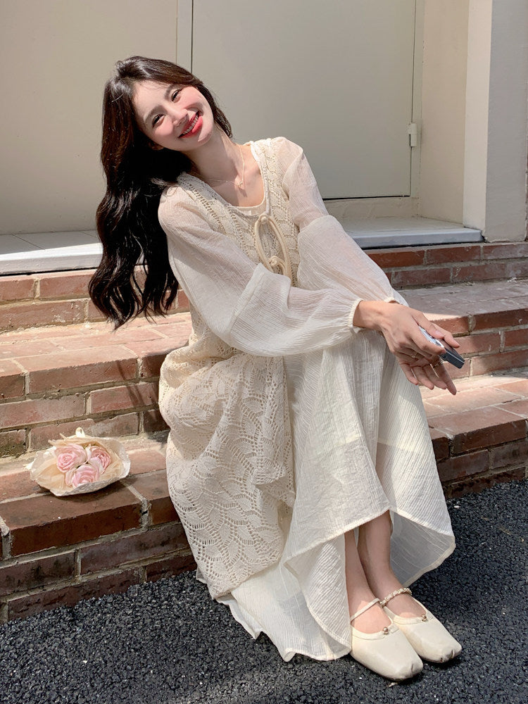 Crochet-style Long Dress / Puff Sleeve Long Dress QAZ0072