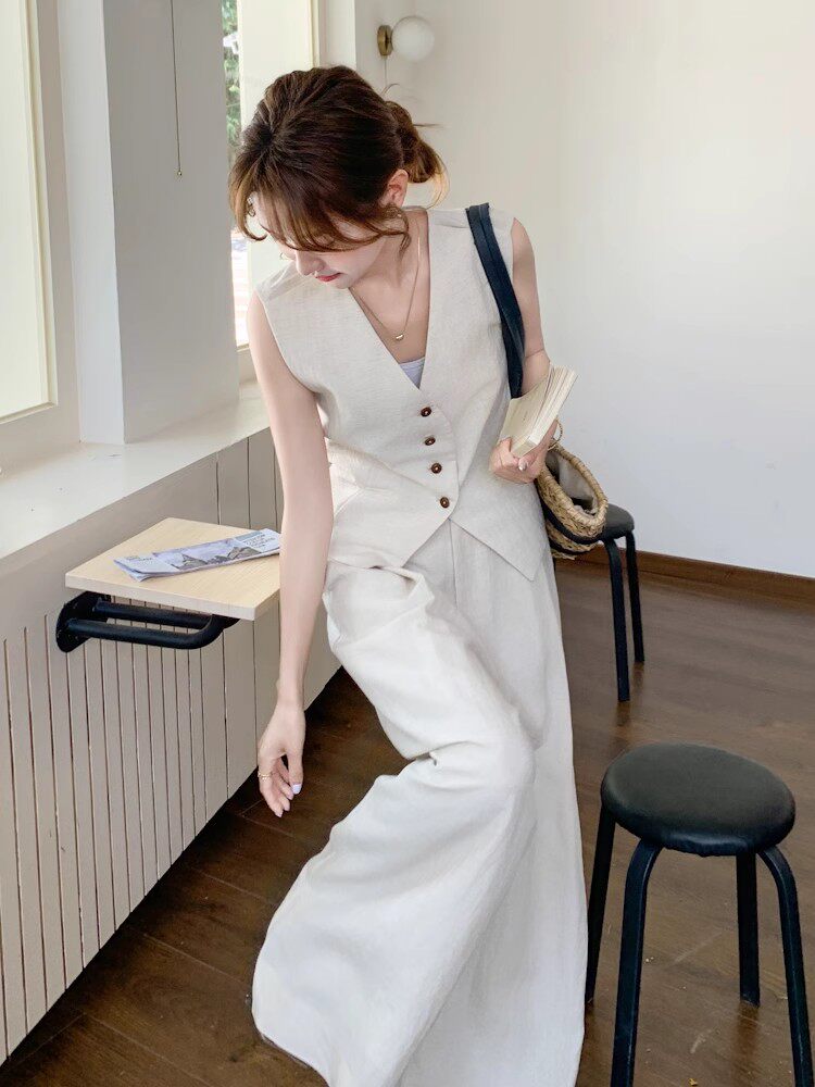 V-Neck Linen Vest / Wide Pants QAZ0091
