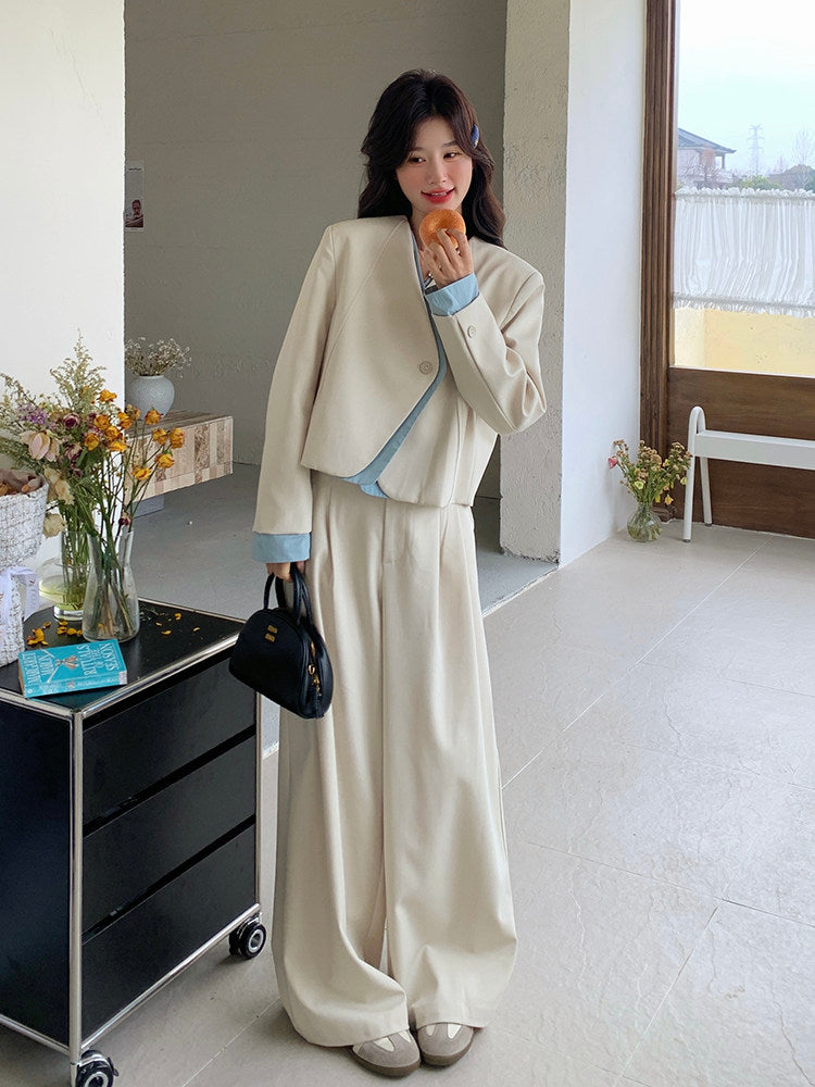 Beige Layered-Style Jacket / Wide-Leg Pants QAZ0010