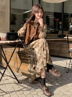 Retro Floral Long Dress / Suede Style Vest QAZ0053