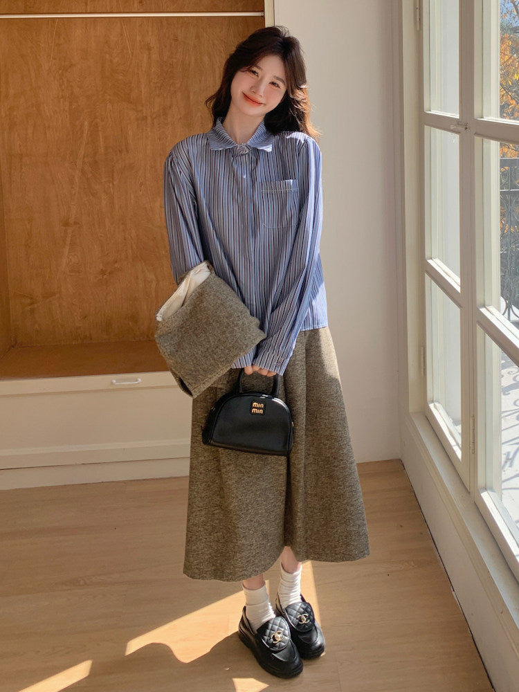 Tweed Vest / Tweed Long Skirt / Striped Shirt QAZ0080