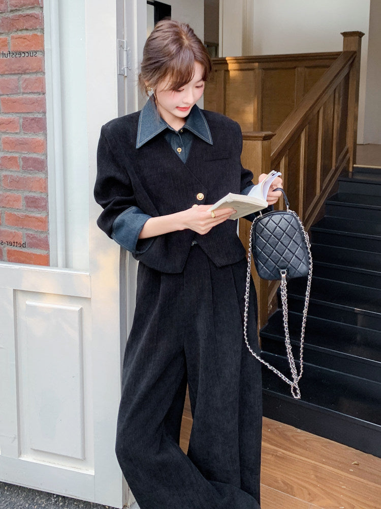 Denim Shirt Layered Style Jacket / Wide Pants QAZ0088