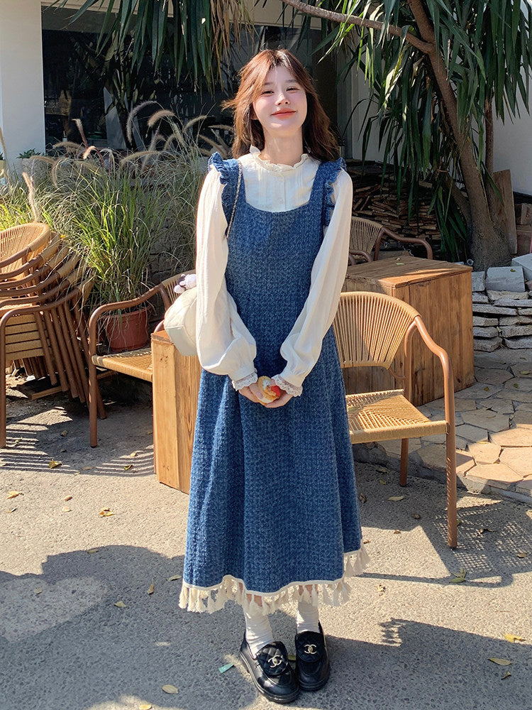 Vintage Denim Suspender Dress / Frilled Blouse QAZ0041