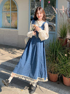 Vintage Denim Suspender Dress / Frilled Blouse QAZ0041