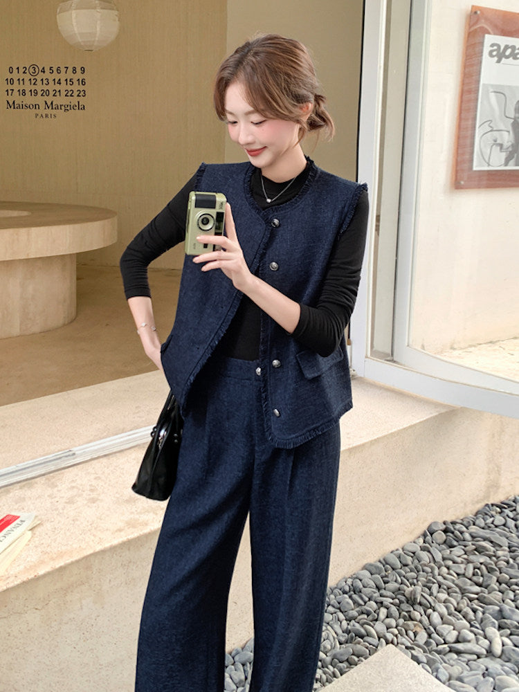 Silver Button Tweed Vest / Wide Pants QAZ0047