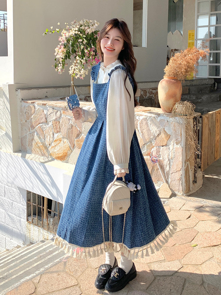 Vintage Denim Suspender Dress / Frilled Blouse QAZ0041