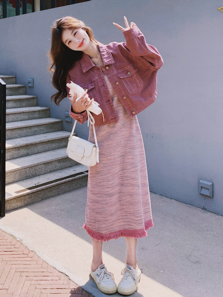 Short-Length Denim Jacket / Striped Camisole Dress QAZ0069