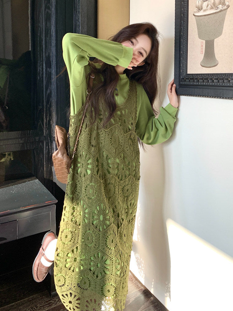 Hollow-Out Camisole Dress / Long Sleeve T-Shirt Dress QAZ0043