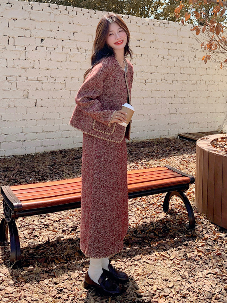 Red Wool Tweed Jacket / Long Skirt QAZ0046