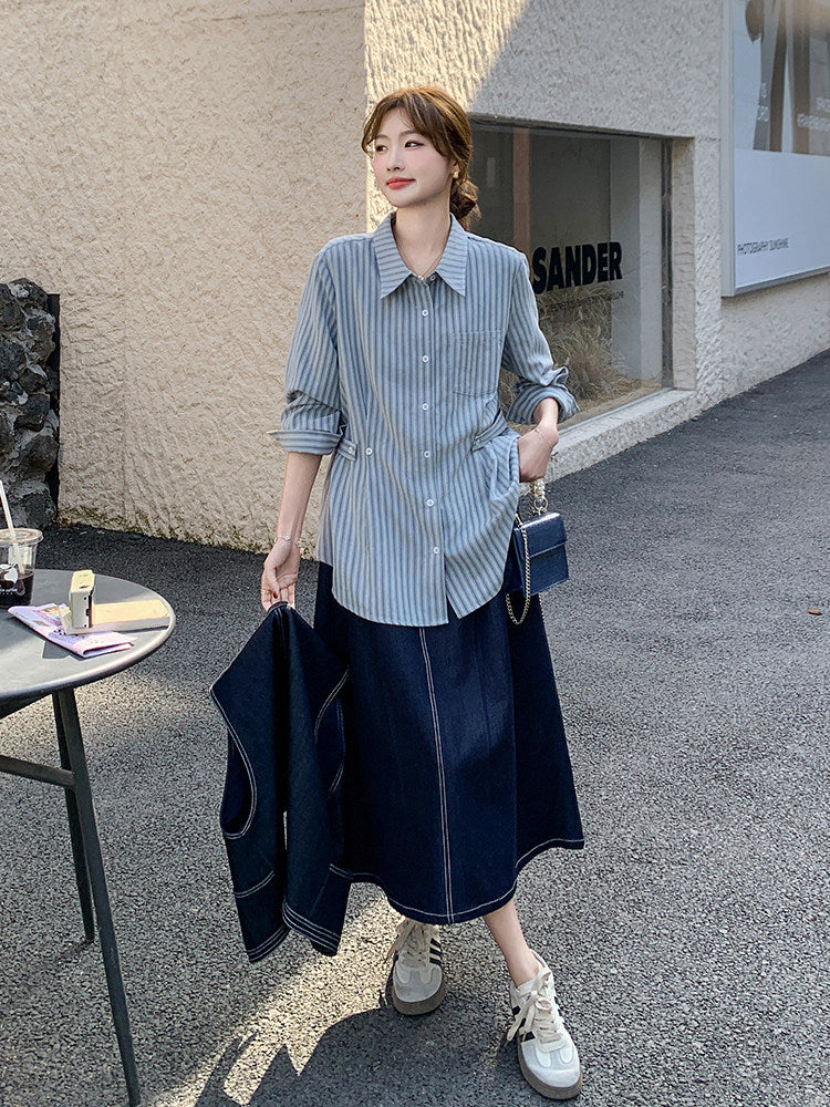 Stripe Shirt / Denim Vest / Denim Pants QAZ0012