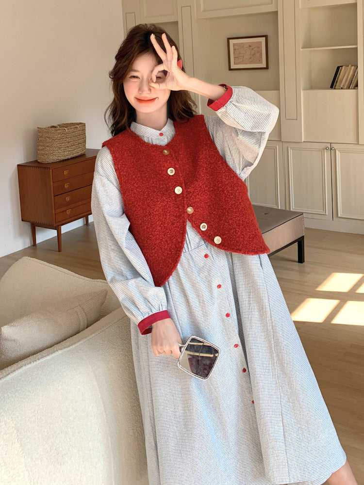Red Vest / Layered Over Plaid Shirt Dress QAZ0005