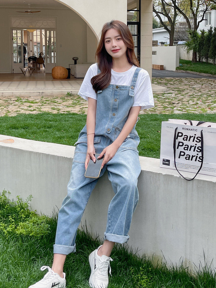 White Short-Sleeve T-Shirt / Denim Overalls QAZ0092