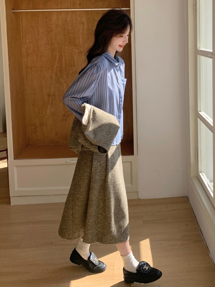 Tweed Vest / Tweed Long Skirt / Striped Shirt QAZ0080