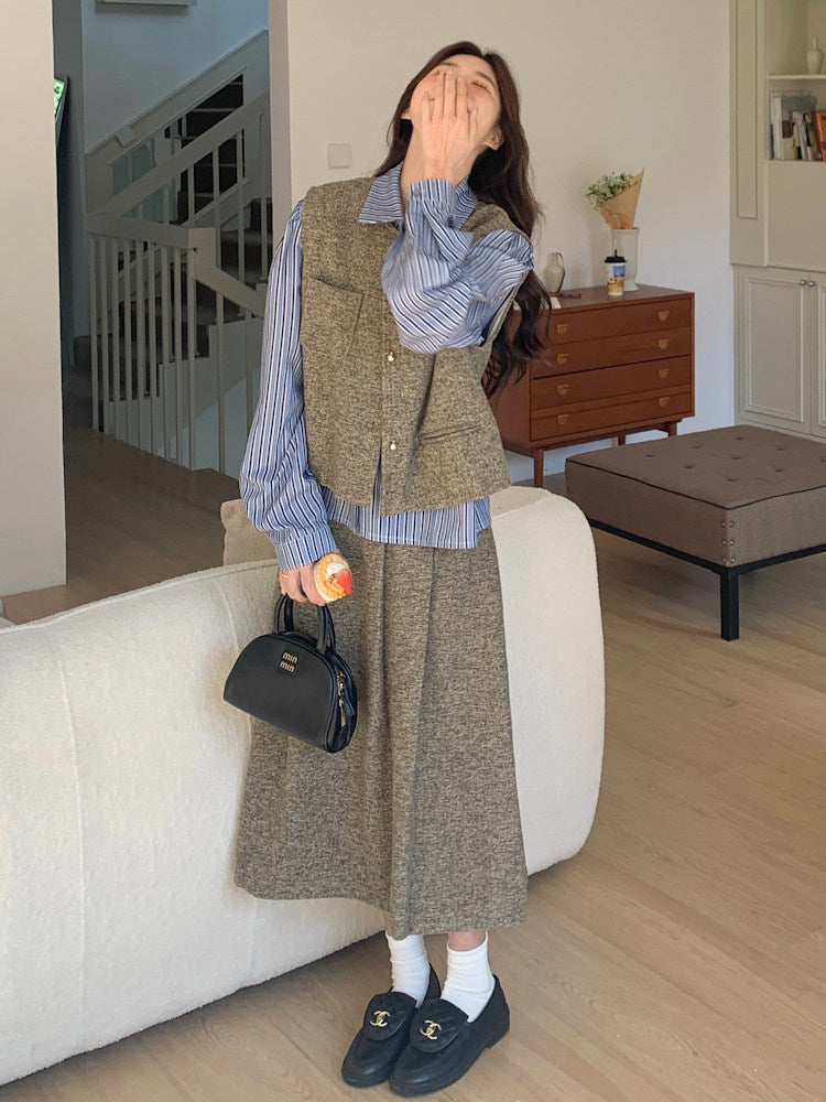 Tweed Vest / Tweed Long Skirt / Striped Shirt QAZ0080