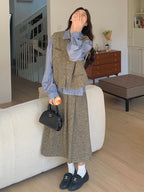 Tweed Vest / Tweed Long Skirt / Striped Shirt QAZ0080