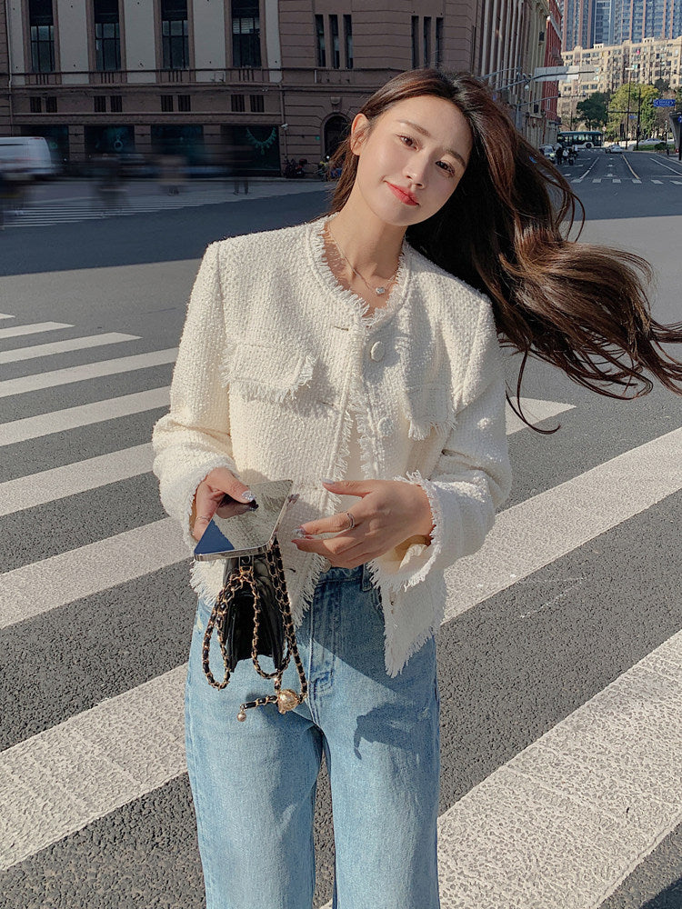 Fringe No-Collar Tweed Jacket QAZ0040