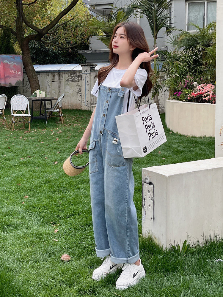 White Short-Sleeve T-Shirt / Denim Overalls QAZ0092