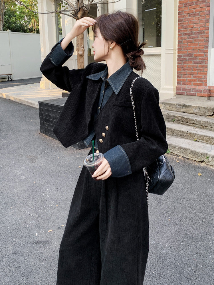 Denim Shirt Layered Style Jacket / Wide Pants QAZ0088