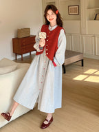 Red Vest / Layered Over Plaid Shirt Dress QAZ0005