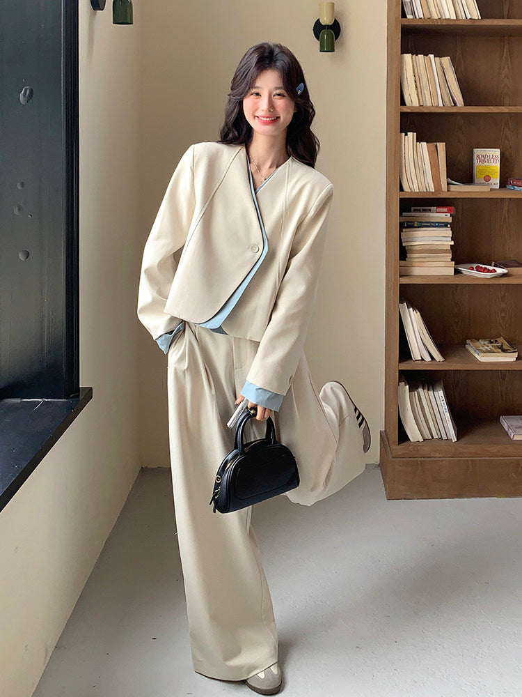 Beige Layered-Style Jacket / Wide-Leg Pants QAZ0010