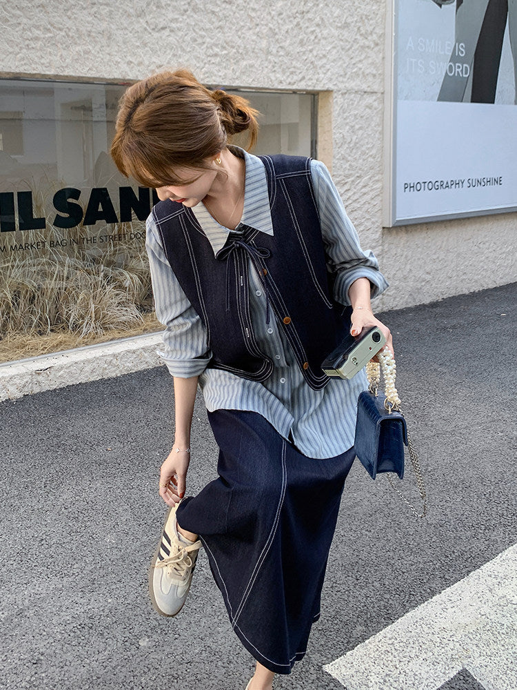Stripe Shirt / Denim Vest / Denim Pants QAZ0012