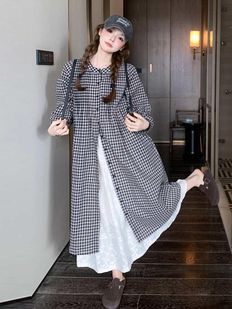 Gingham Check Shirt Dress / White Long Skirt QAZ0024