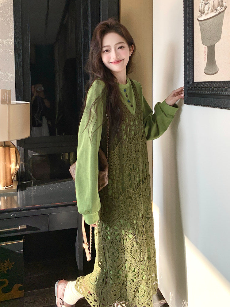Hollow-Out Camisole Dress / Long Sleeve T-Shirt Dress QAZ0043