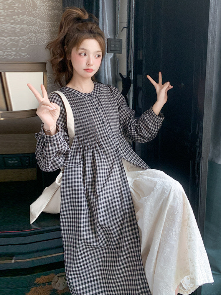 Gingham Check Shirt Dress / White Long Skirt QAZ0024