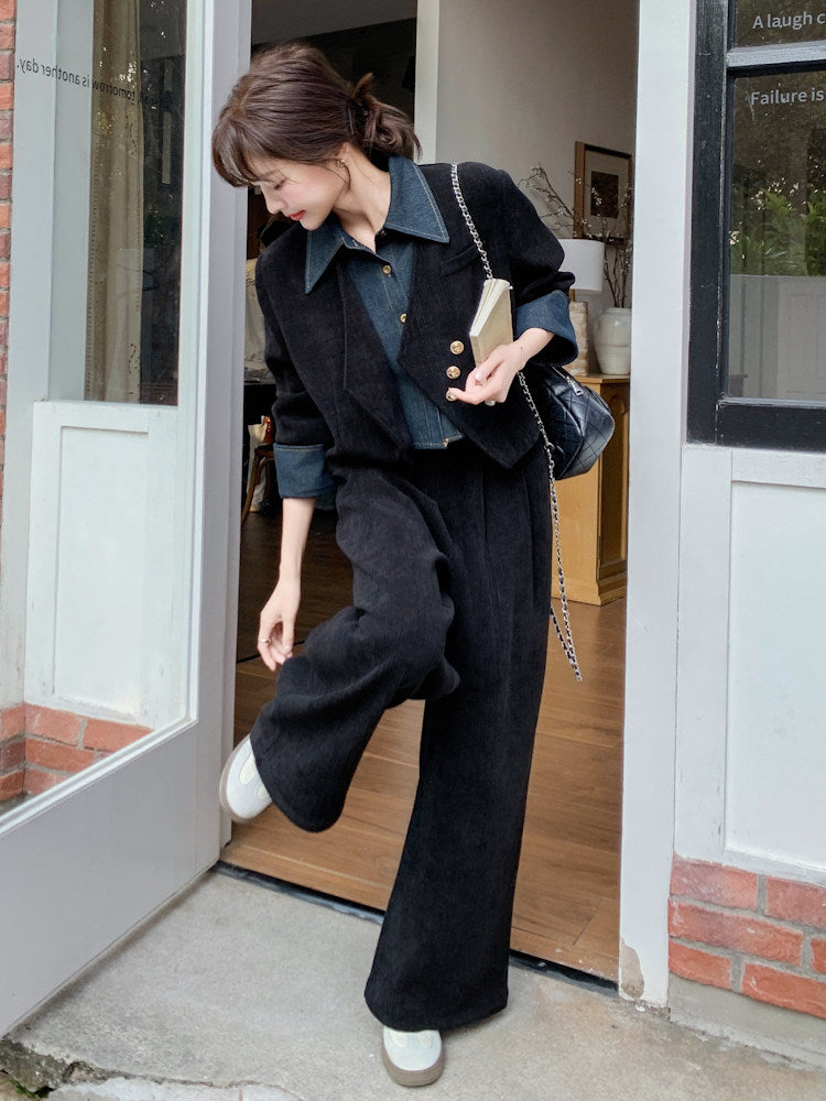 Denim Shirt Layered Style Jacket / Wide Pants QAZ0088
