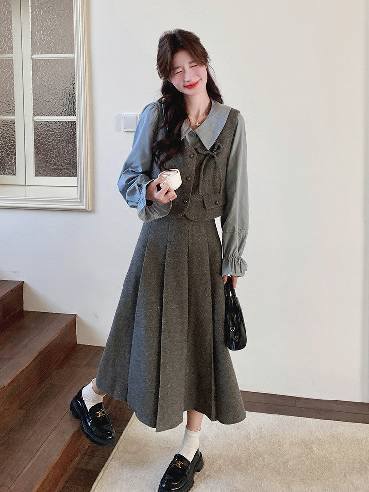 Classic Ribbon Vest / Pleated Skirt / Puff Sleeve Blouse QAZ0051