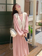 Puff Sleeve Long Dress / Beige Vest QAZ0025