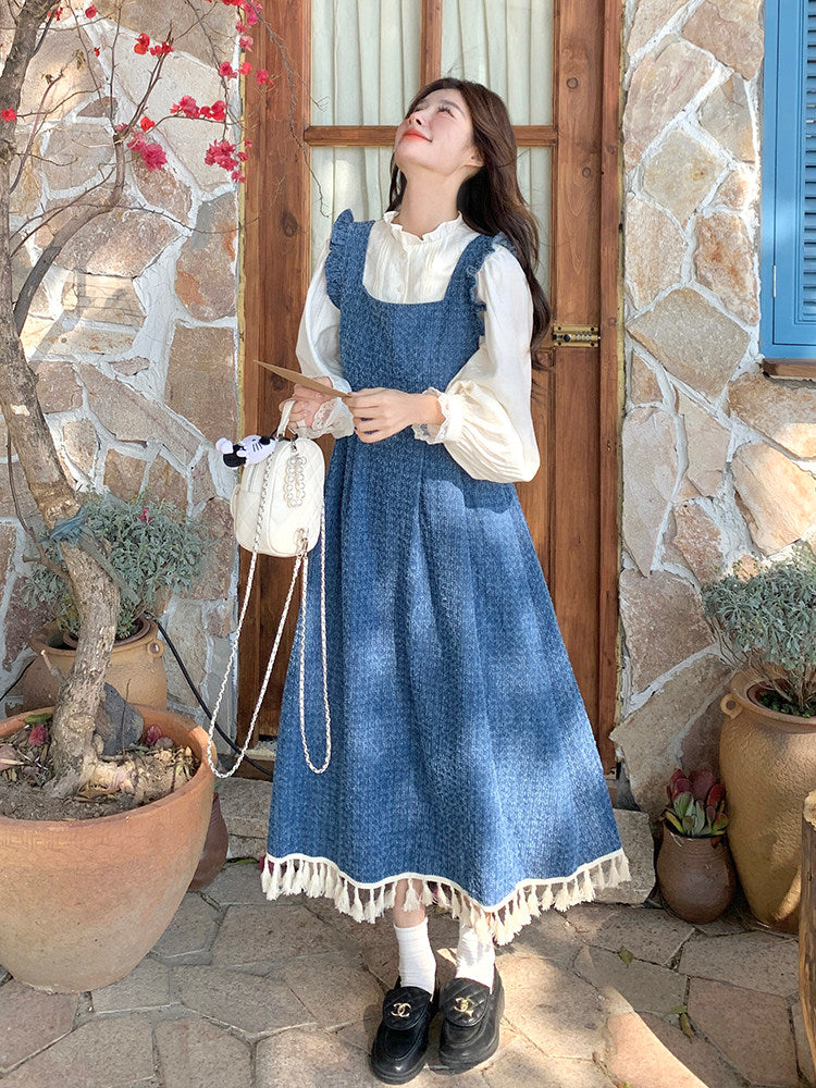 Vintage Denim Suspender Dress / Frilled Blouse QAZ0041