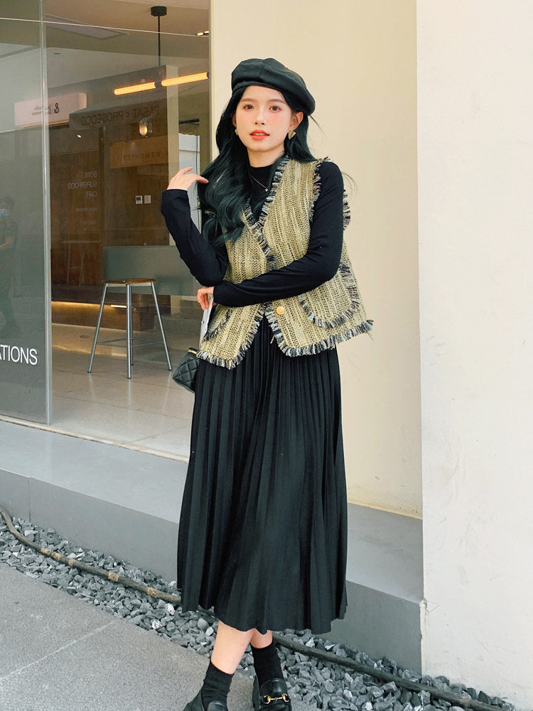Mock Neck Dress / Tweed Gilet Tweed Vest QAZ0007