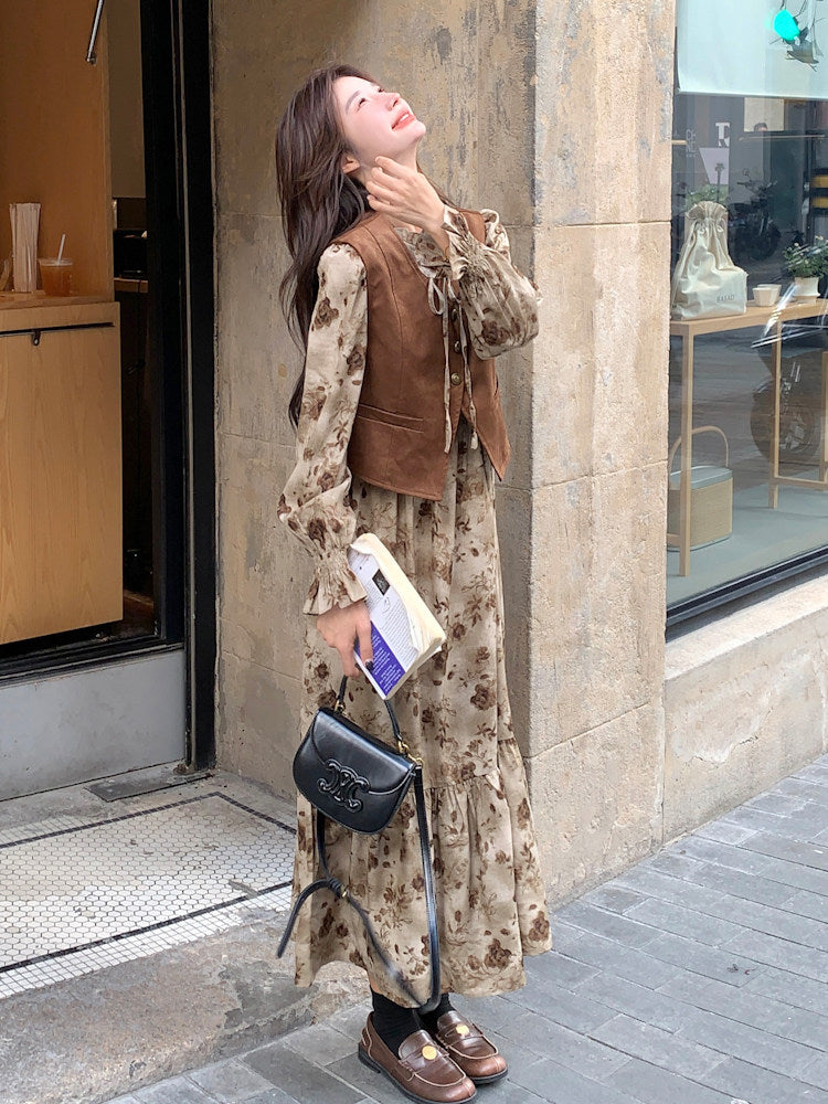 Retro Floral Long Dress / Suede Style Vest QAZ0053