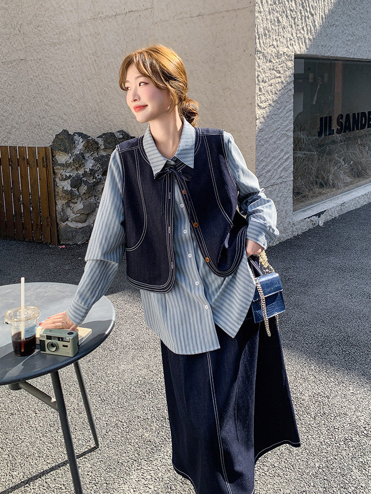 Stripe Shirt / Denim Vest / Denim Pants QAZ0012