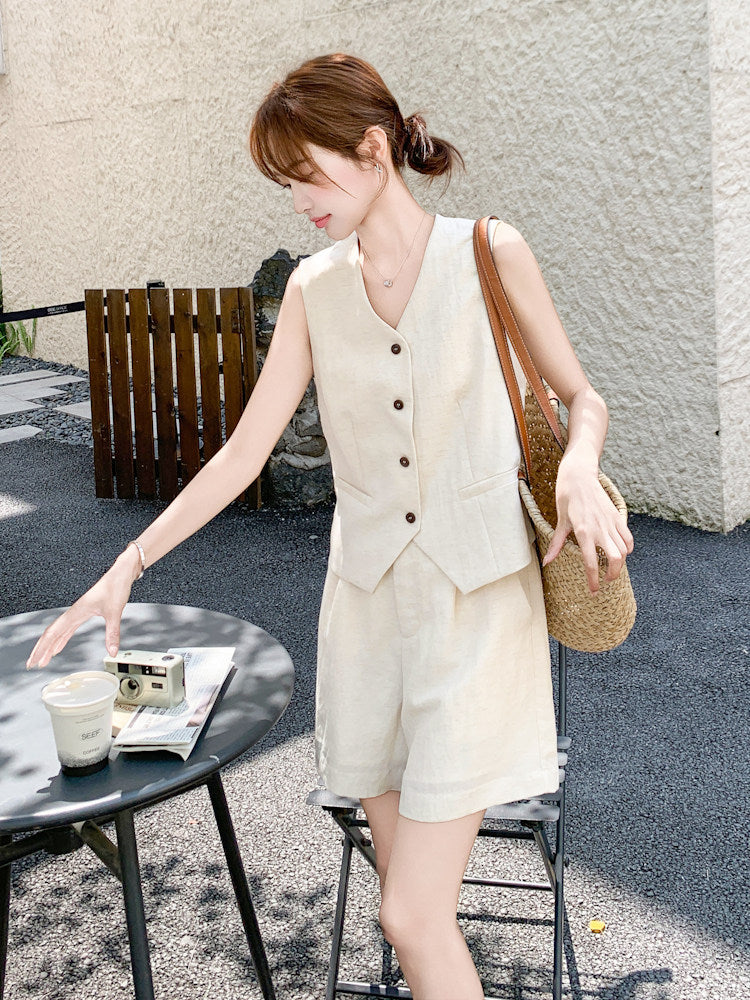Linen V-neck Vest / Shorts QAZ0090
