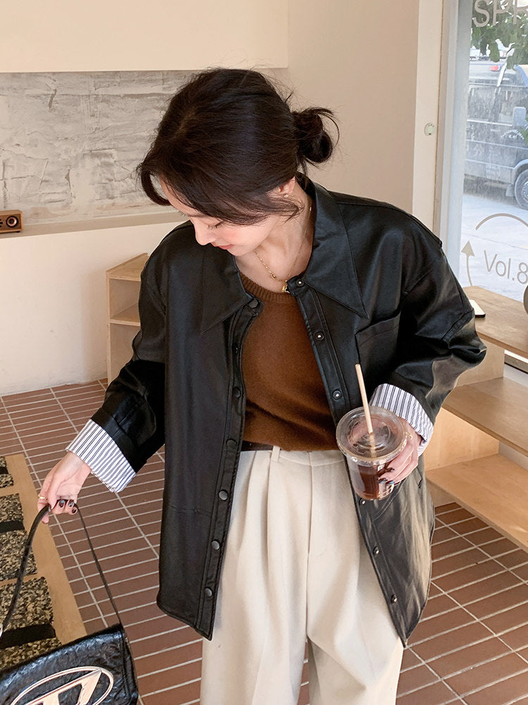 Stripe-Panel Leather Jacket QAZ0075