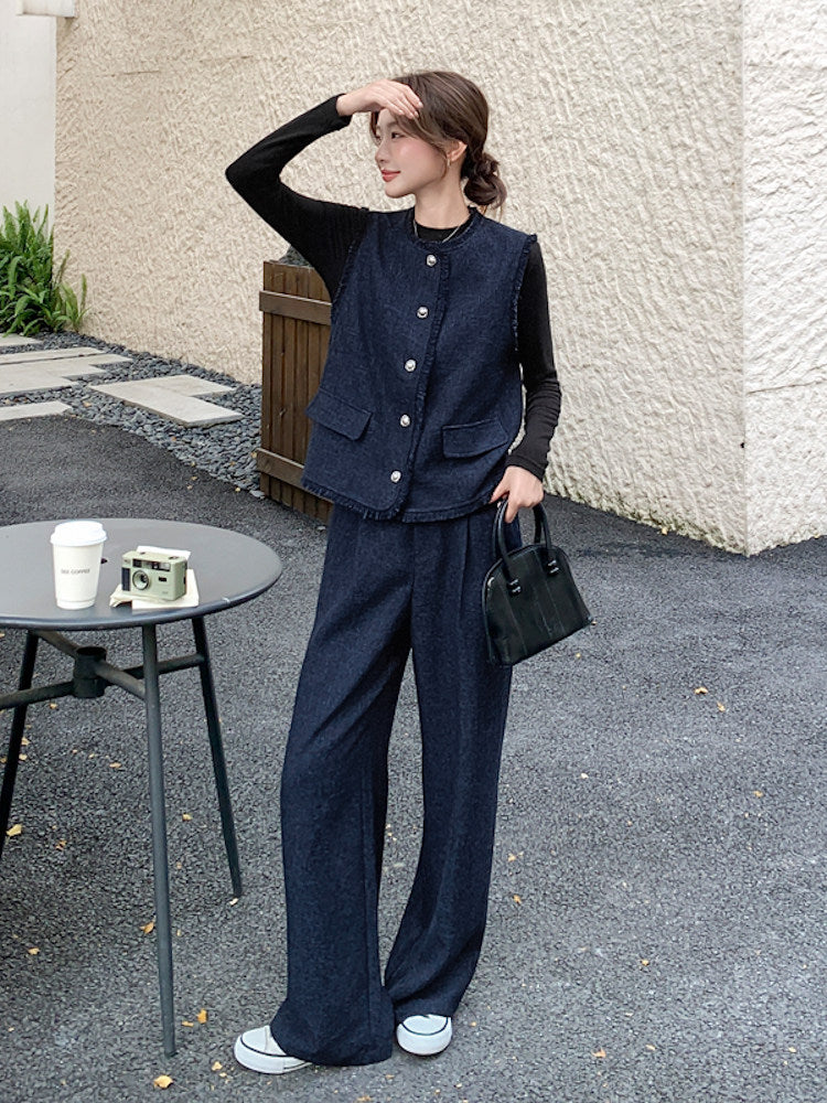 Silver Button Tweed Vest / Wide Pants QAZ0047