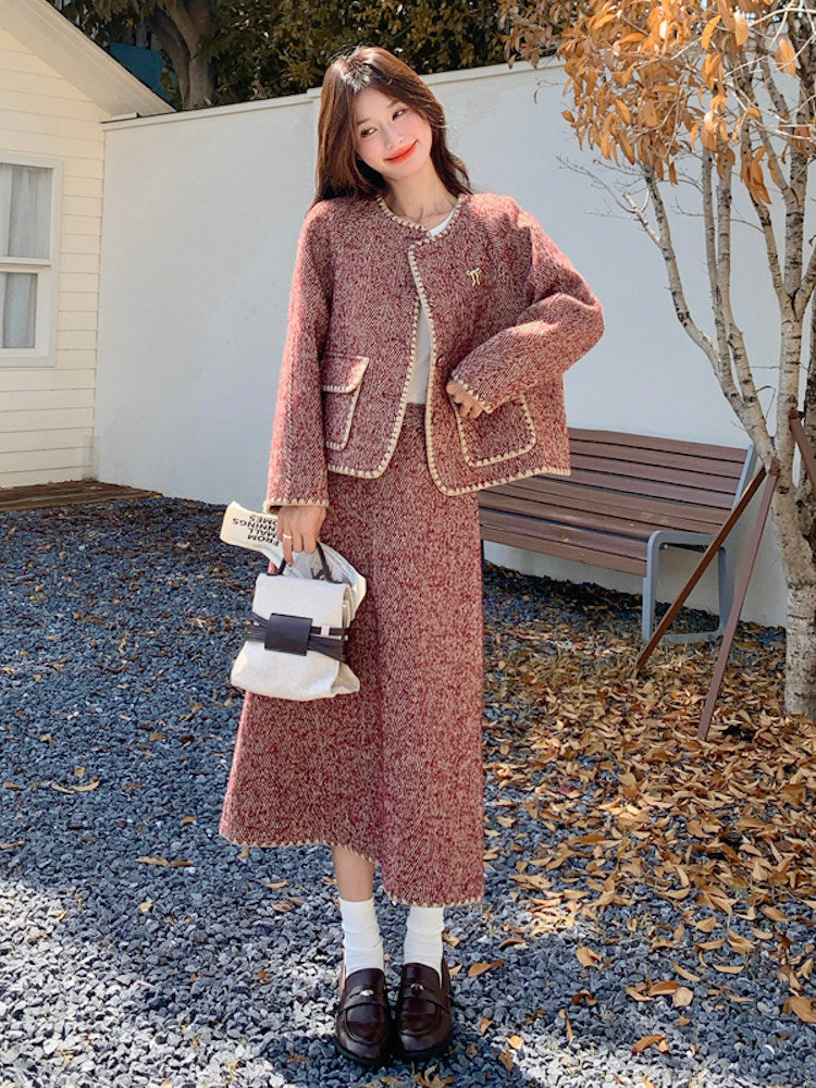Red Wool Tweed Jacket / Long Skirt QAZ0046