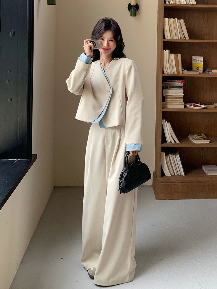 Beige Layered-Style Jacket / Wide-Leg Pants QAZ0010