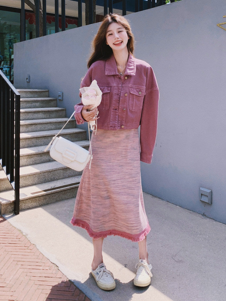 Short-Length Denim Jacket / Striped Camisole Dress QAZ0069