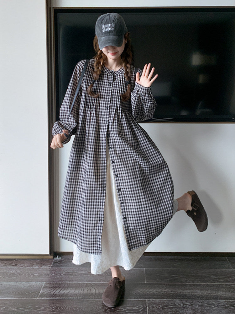 Gingham Check Shirt Dress / White Long Skirt QAZ0024