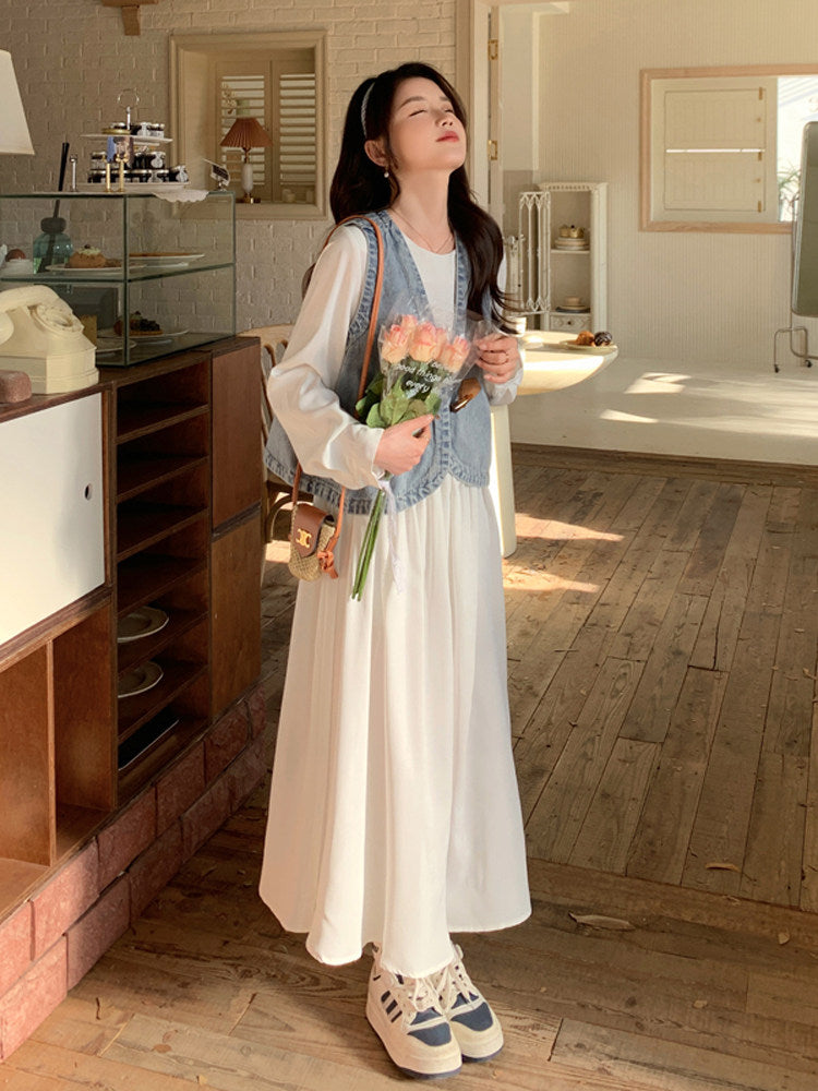 Long-Sleeve Dress / Toggle Button Denim Vest QAZ0049