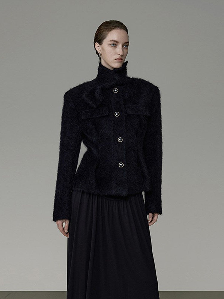 Stand Collar Black Coat UNS0024