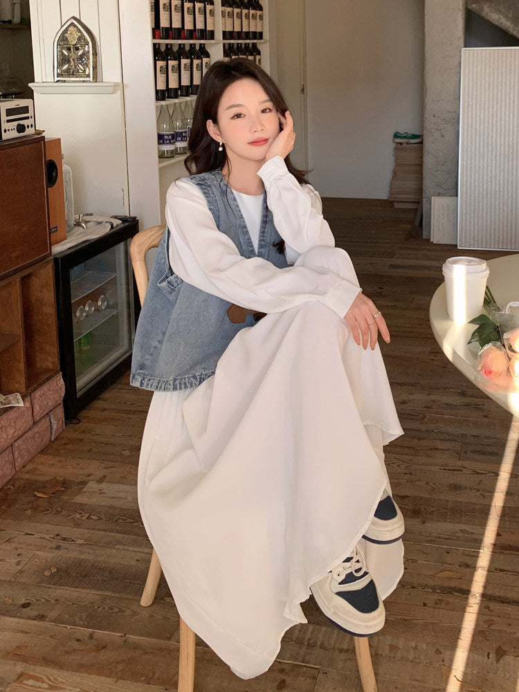 Long-Sleeve Dress / Toggle Button Denim Vest QAZ0049