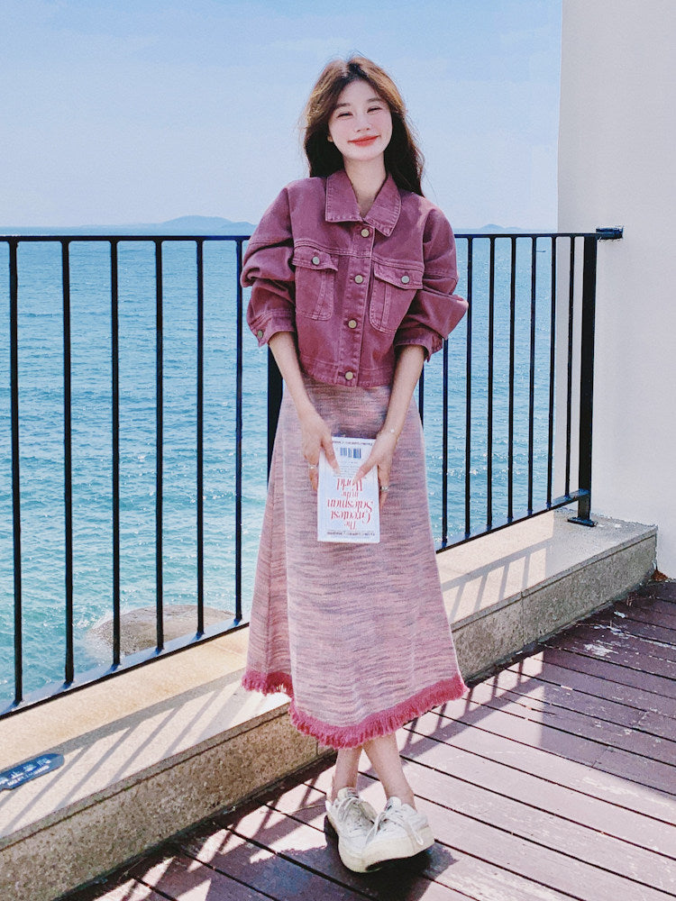 Short-Length Denim Jacket / Striped Camisole Dress QAZ0069